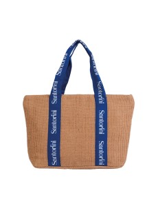  Handmade Santorini Straw Shoulder Tote Bag with Blue Straps 